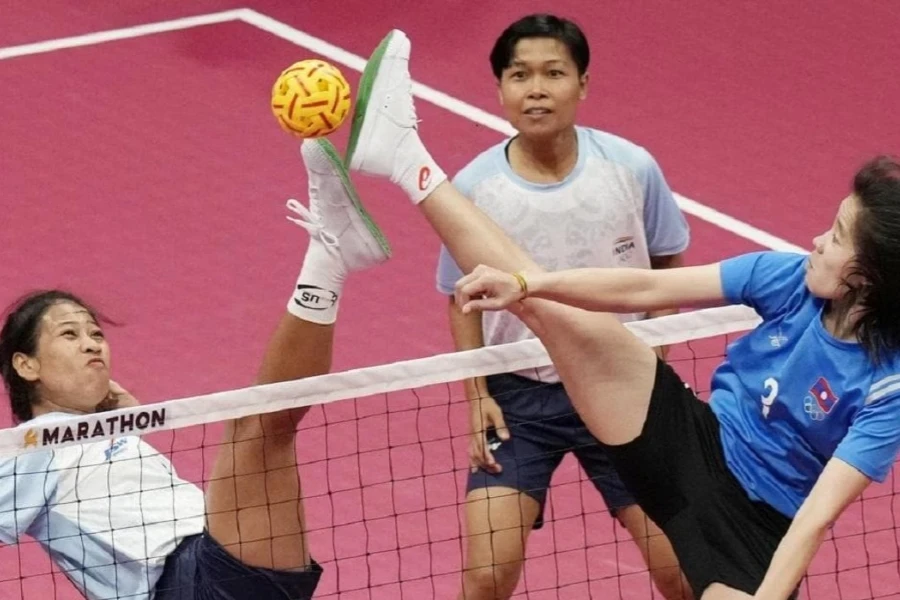 Female players with white sepak takraw shoes