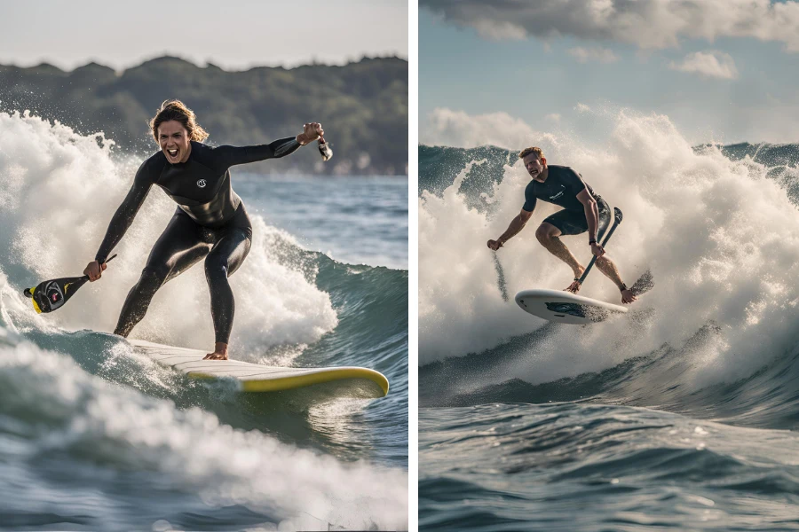 Fitness enthusiasts surfing on paddleboards