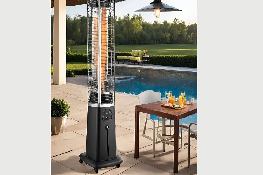 Freestanding patio heaters with wheels near a swimming poo