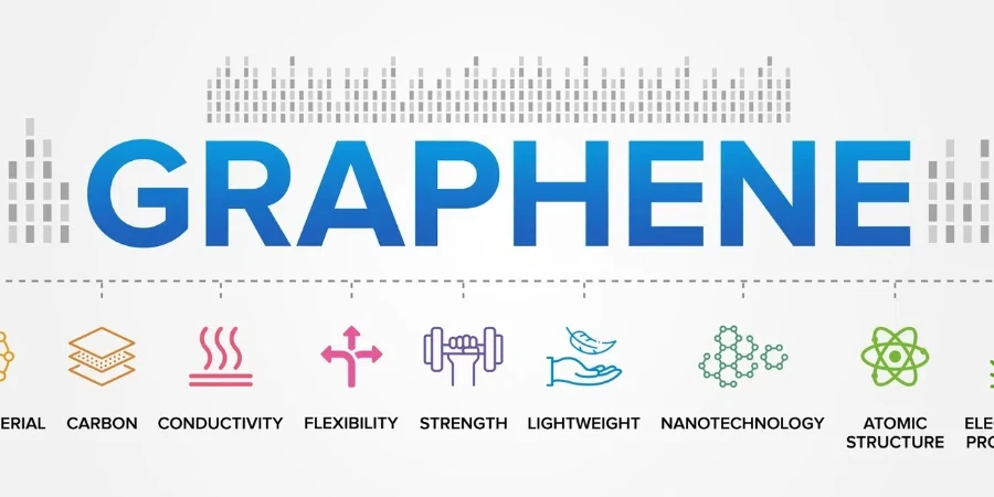 Graphene-Technologie-Konzept-Vektorsymbole legen den Infografik-Illustrationshintergrund fest. Graphenmaterial, Graphit, Kohlenstoff, robust, flexibel, leicht, hohe Beständigkeit.