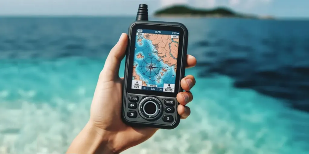 Hand holding a black handheld GPS unit