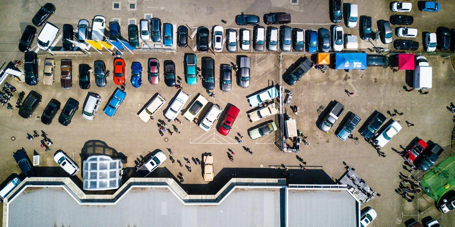 High Angle Photo of Vehicles Parked near Building