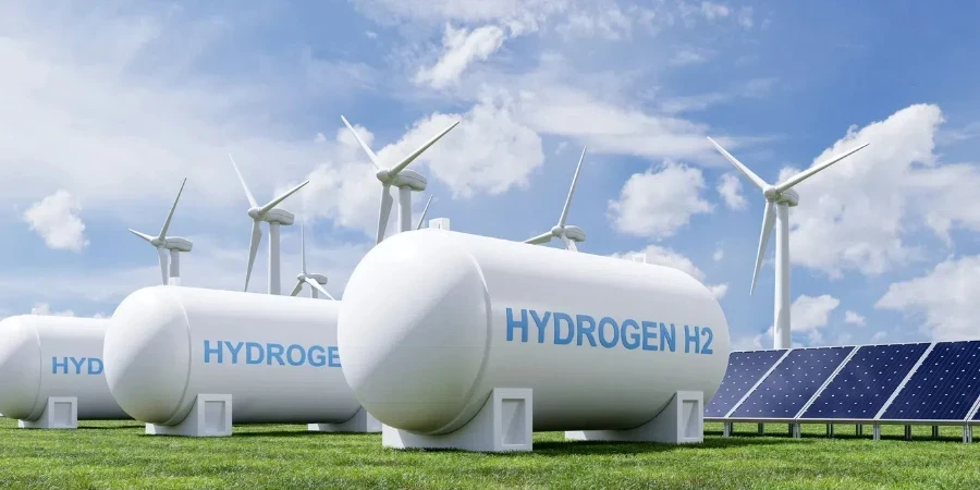 Hydrogen energy storage gas tank for clean electricity solar and wind turbine facility.