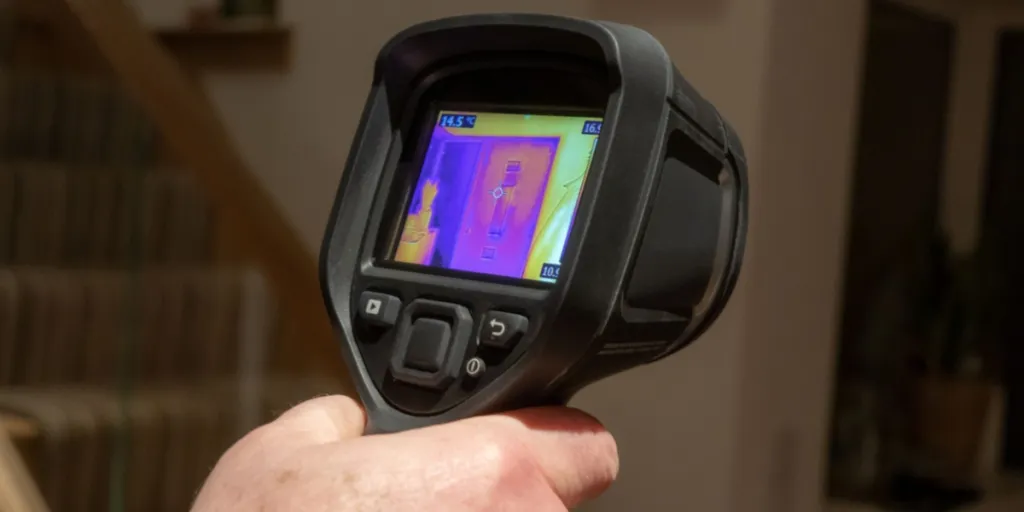 Male surveyor using handheld infrared thermal camera