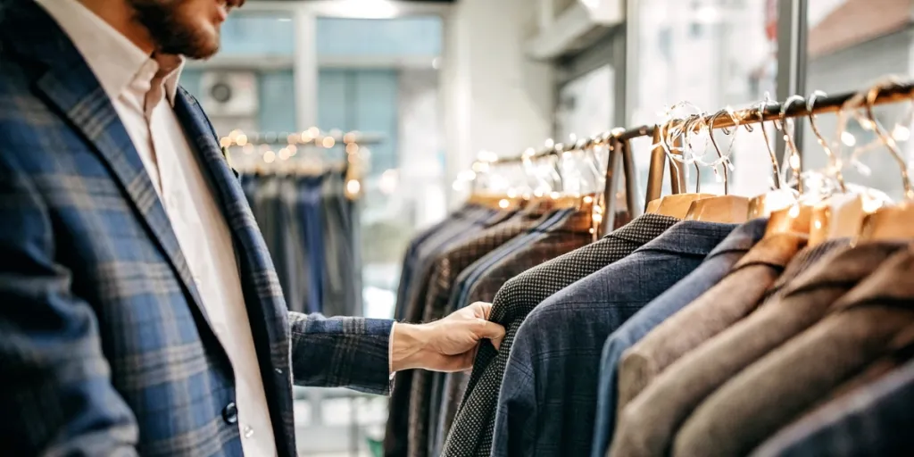 Man wearing a warm plaid blazer while looking at others