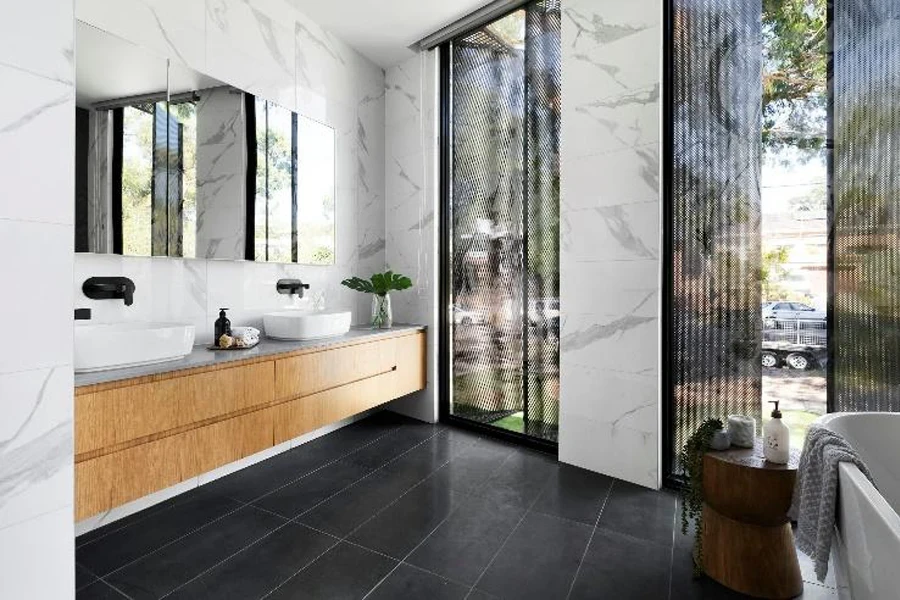 Modern bath with floating double sink vanity