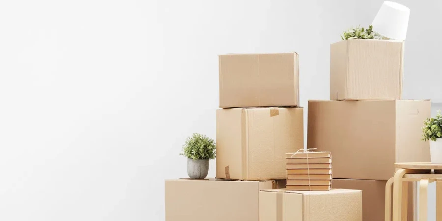 Moving to a new home. Belongings in cardboard boxes, books and green plants in pots stand on the gray floor against the background of a white wall.