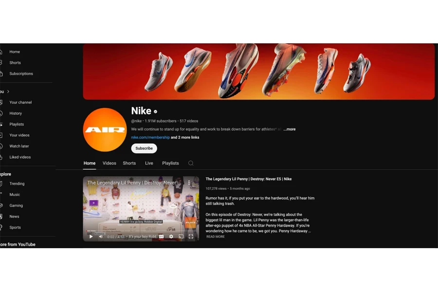 Nike's YouTube channel with helpful videos