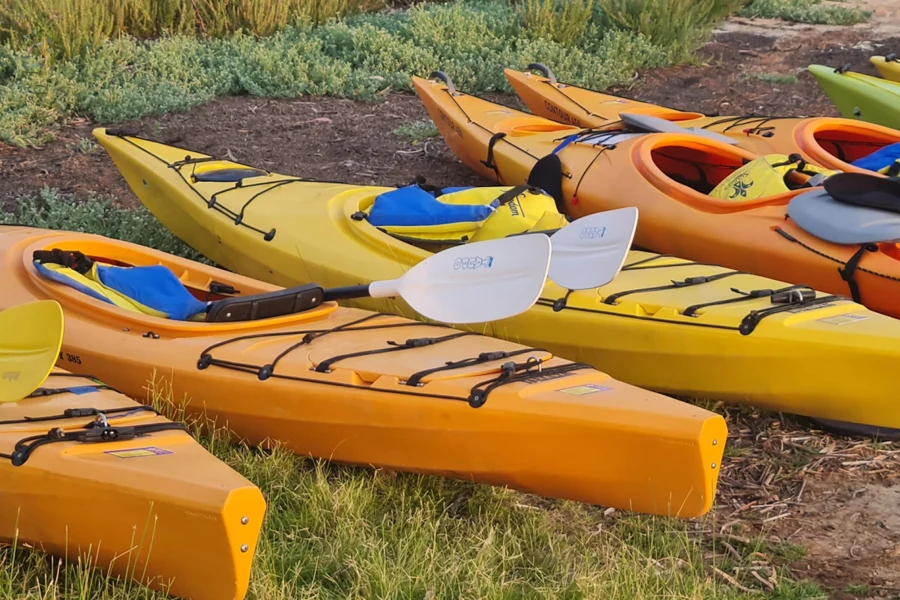 Orange and yellow kayaks lined up on grass with oars