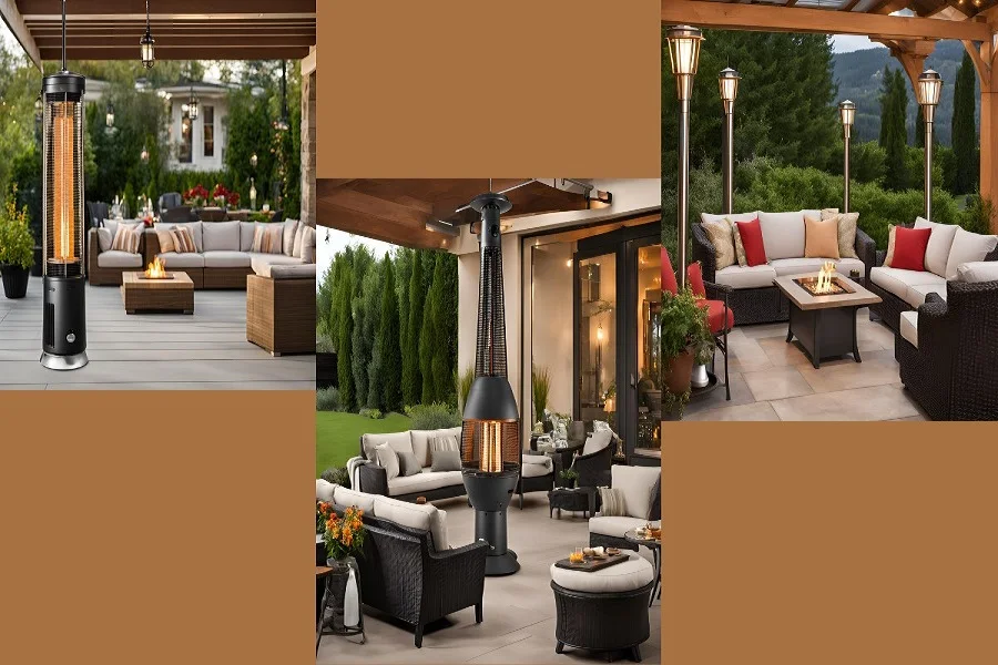 Patio heaters with cozy couches at different outdoor living spaces