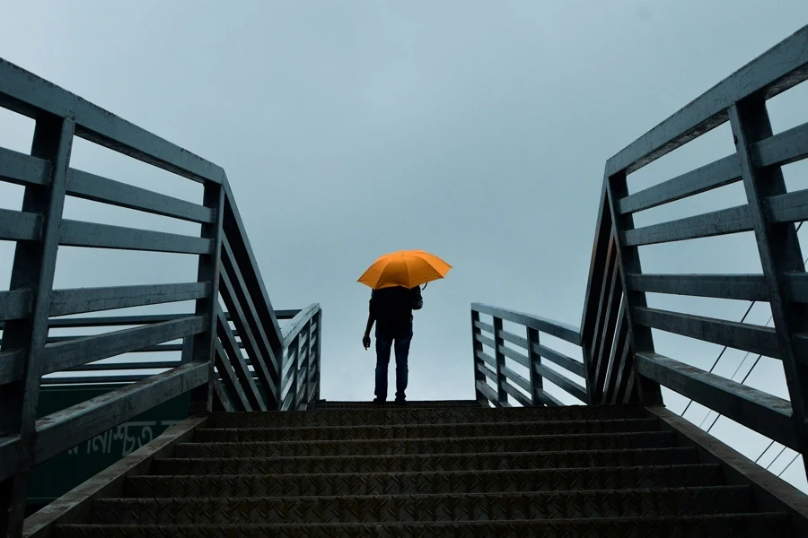 Person Holding Umbrella Standing Above Stairs