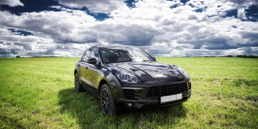 Porsche Macan is parked on a fresh green spring grass