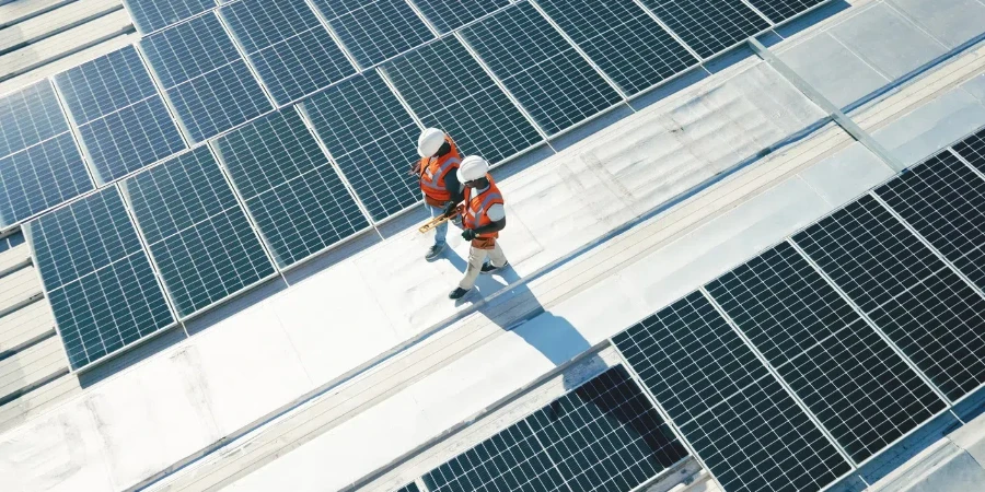 Renewable energy, solar panels and team walking on roof planning for inspection at sustainable business. Engineering, sustainability and photovoltaic power, men in electricity maintenance from above