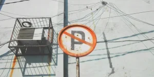 Rusty Caged Air Conditioner Behind No Parking Sign