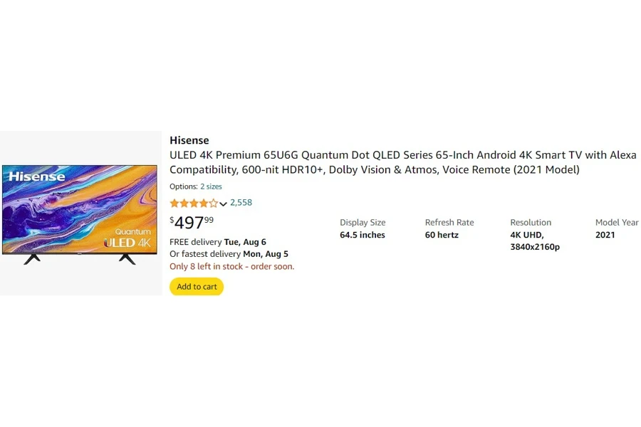 Screenshot of Hisense ULED 4K Premium 65U6G Quantum Dot QLED TV