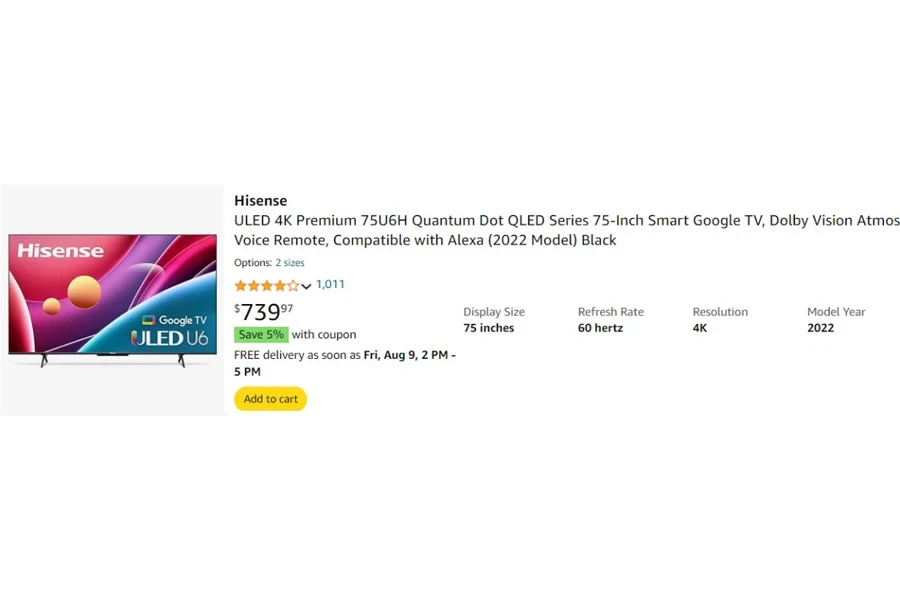 Screenshot of Hisense ULED 4K Premium 75U6H Quantum Dot QLED TV