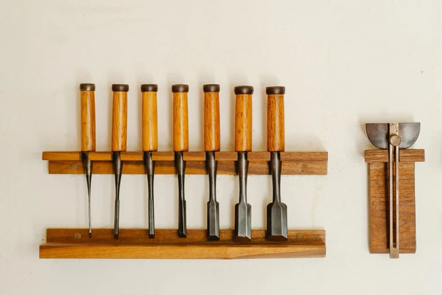 Set of professional tools on wall