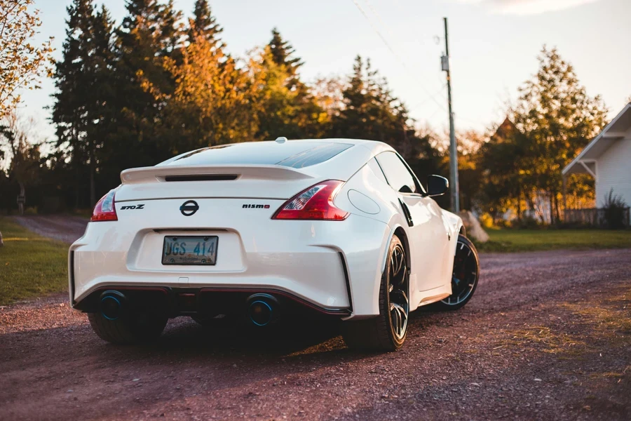 Shiny coupe car riding on path in suburb