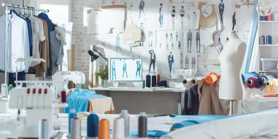 Shot of a Sunny Fashion Design Studio. We See Working Personal Computer, Hanging Clothes, Sewing Machine and Various Sewing Related Items on the Table, Mannequins Standing, Colorful Fabrics.