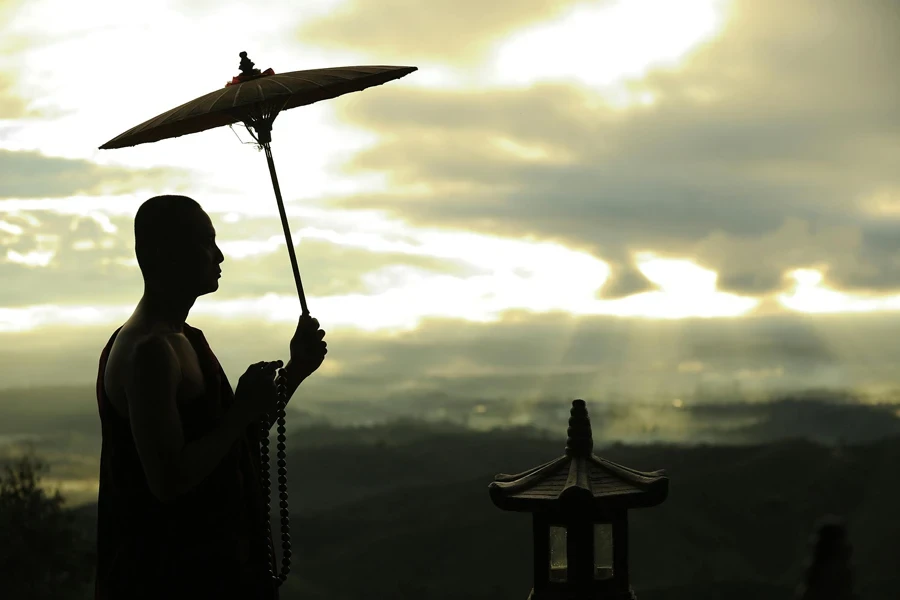 Silhouette Photo of Monk Holding Umbrella