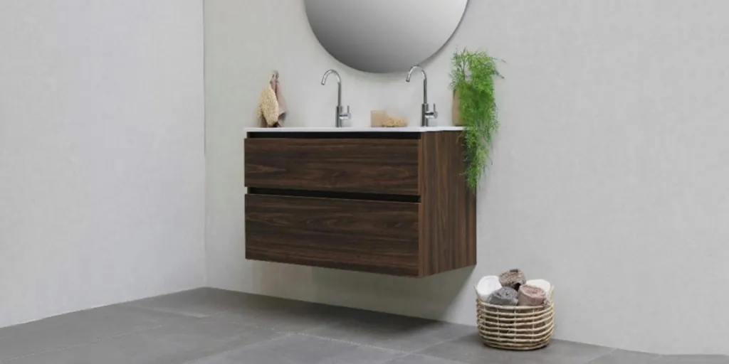 Small dark wood wall mounted bathroom vanity