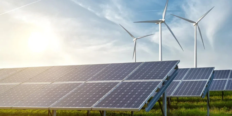 Solar panels and wind generators under blue sky on sunset