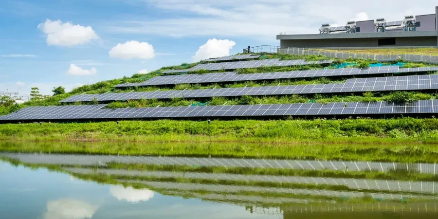 Solar panels in renewable energy power plant.