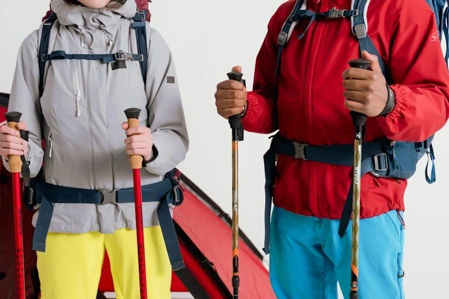 Two people holding the grips of walking sticks