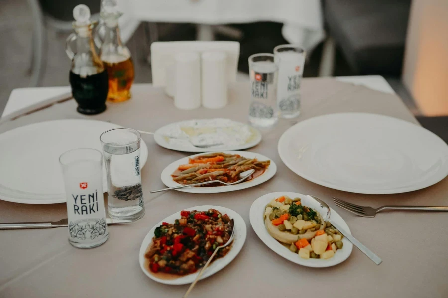 Various dishes on table in restaurant