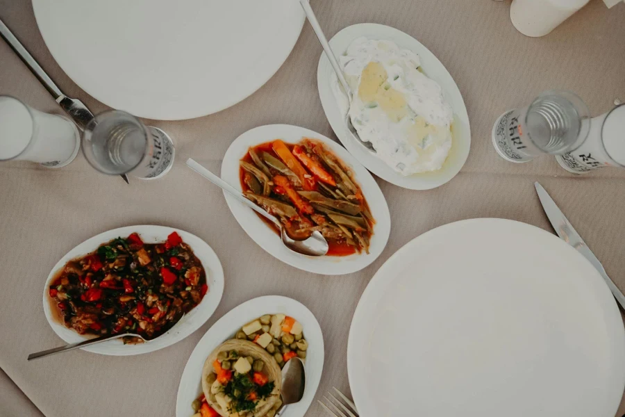 Various dishes on table in restaurant