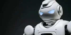 White robot with blue eyes, black background