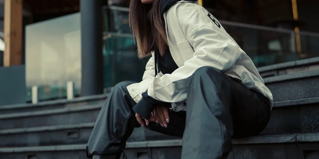 Woman in a trendy outfit sitting on steps