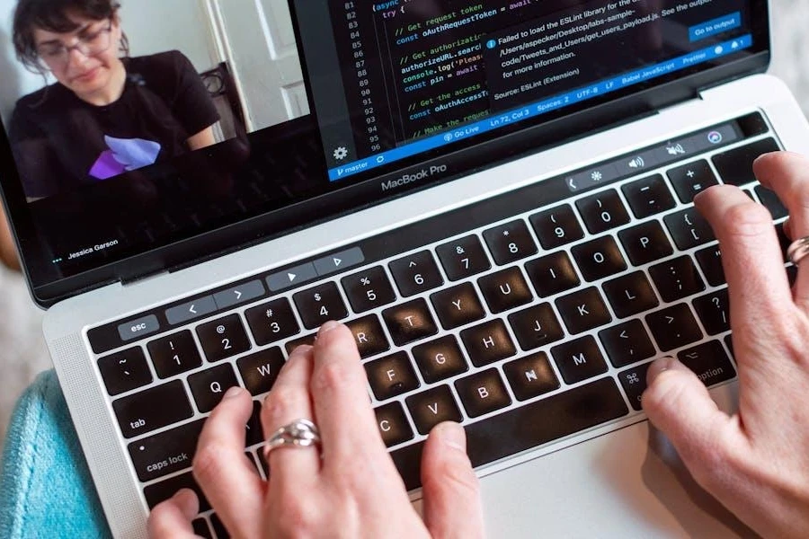 Woman using her laptop's high-quality webcam