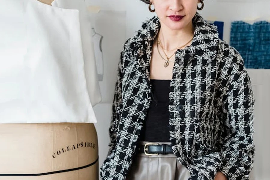 Woman wearing a thick black and white check shirt