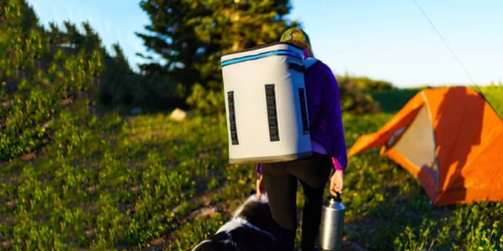 Woman with dog walking to tent wearing backpack cooler