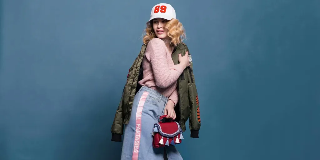 A girl wearing a pink striped denim skirt, pink swear, jungle green jacket and white cap holding a red bag