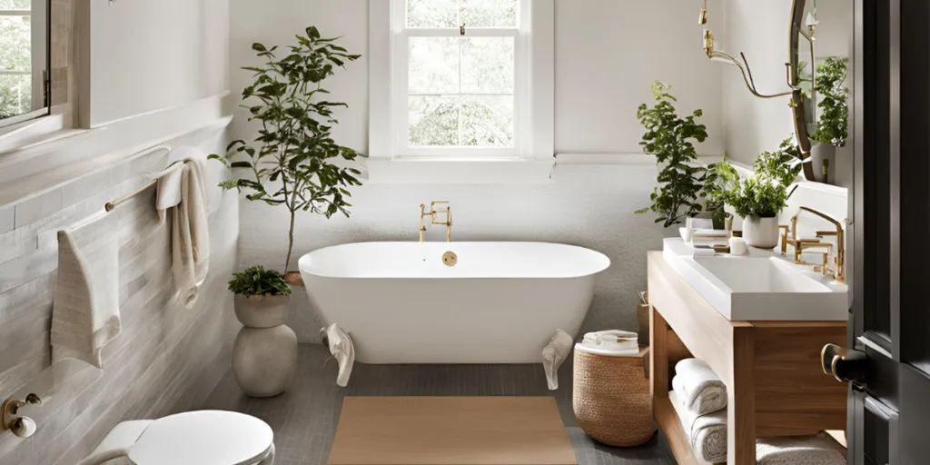 a small spa-like bathroom with a white bathtub, houseplants, and wooden towel cabinet