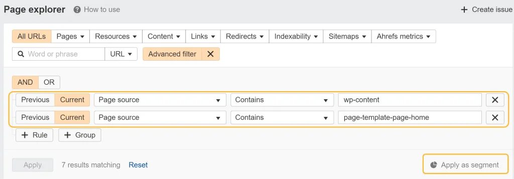 advanced site audit filter to find different page templates