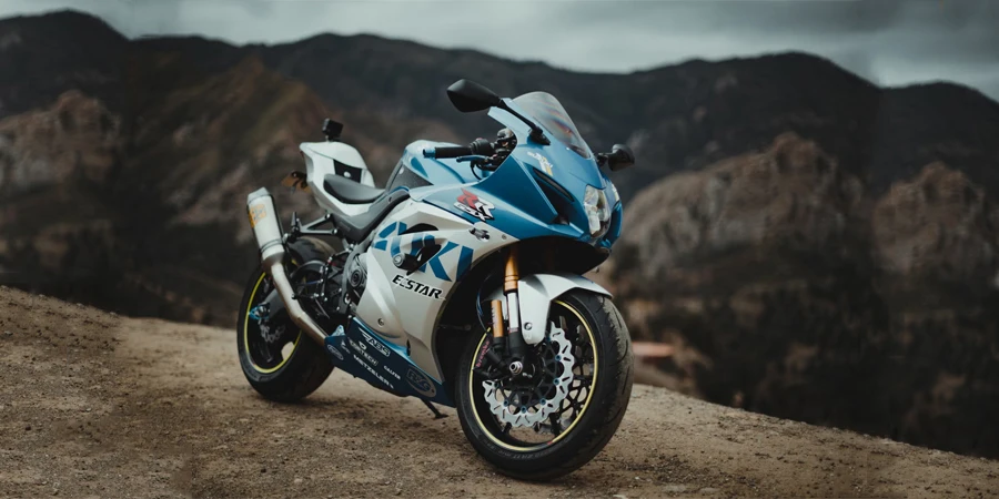 blue and white sports motorcycle