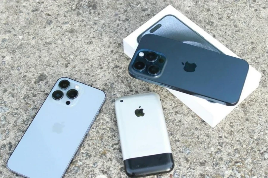 iPhones laid out on the ground next to each other