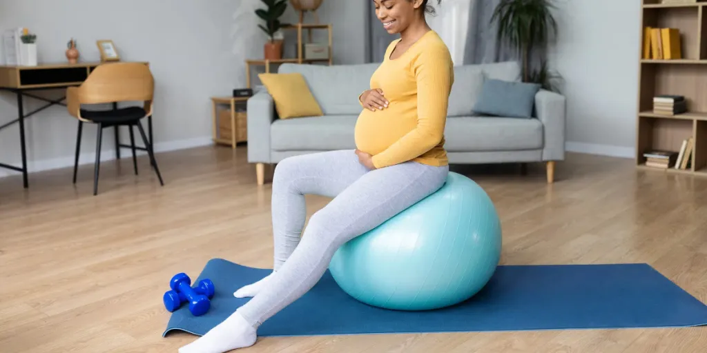 Pregnant woman sitting on blue balance ball in living room