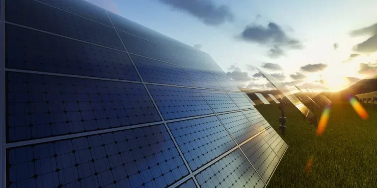solar panels field at sunset