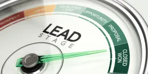 3d illustration of a conceptual gauge with needle pointing the last stage of a sales process.