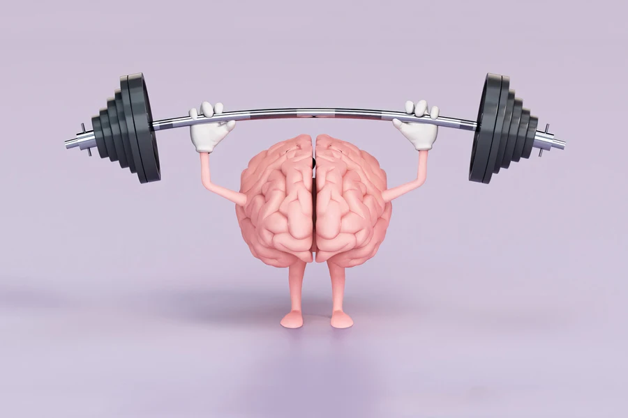 A 3D illustration of a brain lifting weight