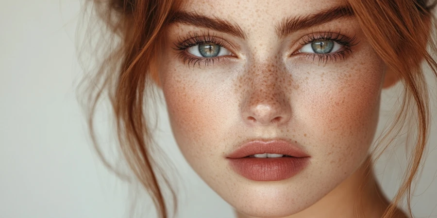 A close-up photo of a beautiful woman's featuring the model with full eyebrows, she has long lashes