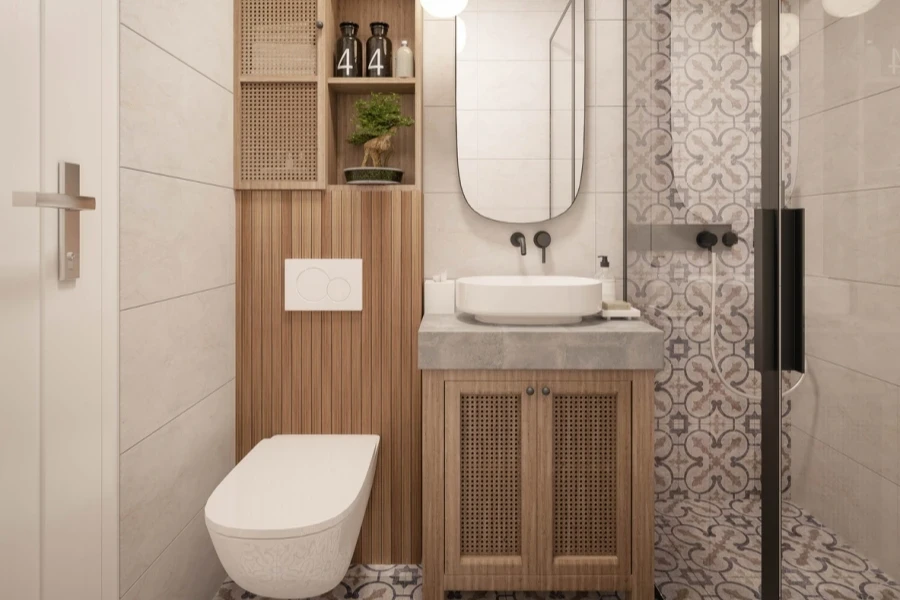 A modern functional bathroom with over-the-toilet storage and a mirror