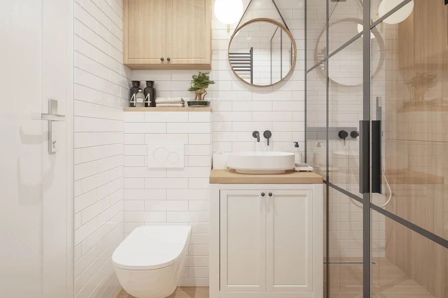 A modern functional bathroom with wooden cabinets and a mirror