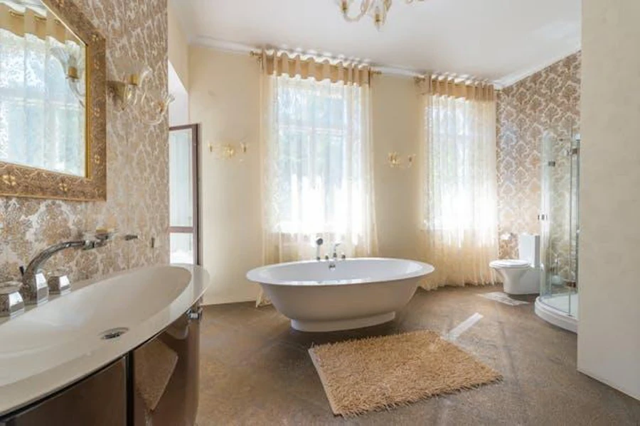 A white and beige bathroom with a beige bathroom rug