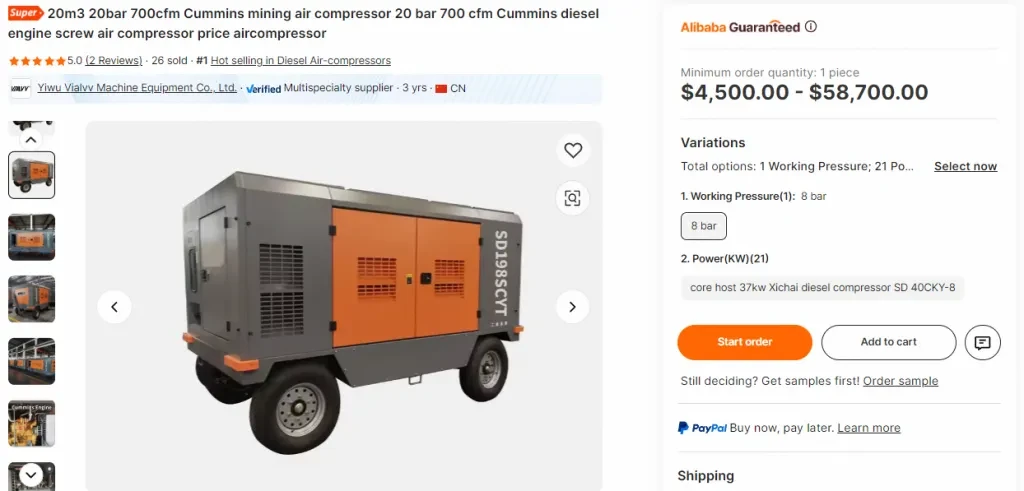 APCOM 700 CFM 20 Bar Cummins Mining Air Compressor