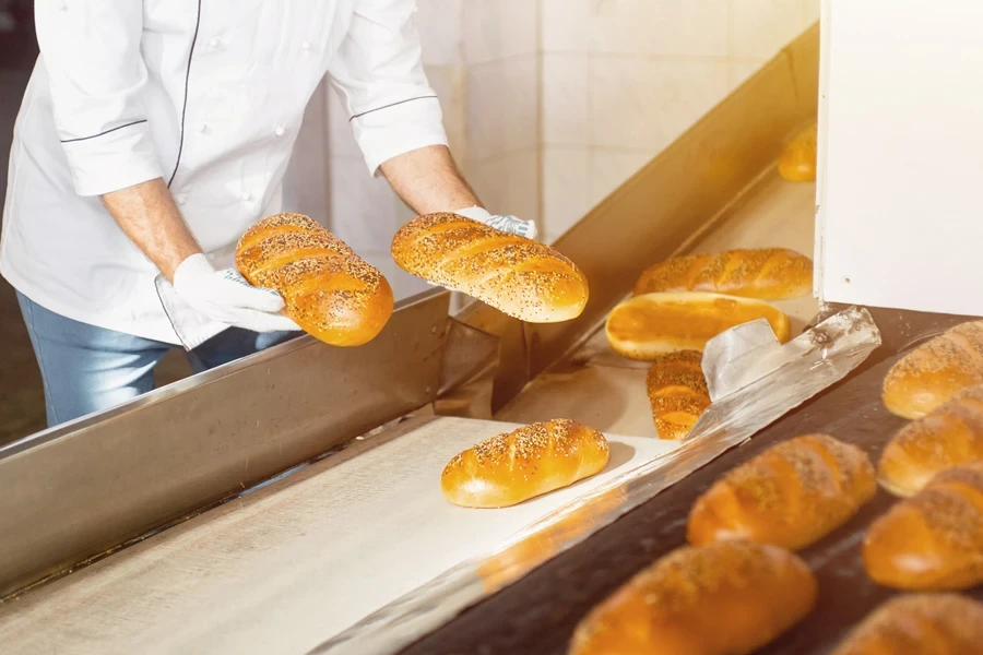 Baked baguettes on a conveyor belt in an industrial bakery